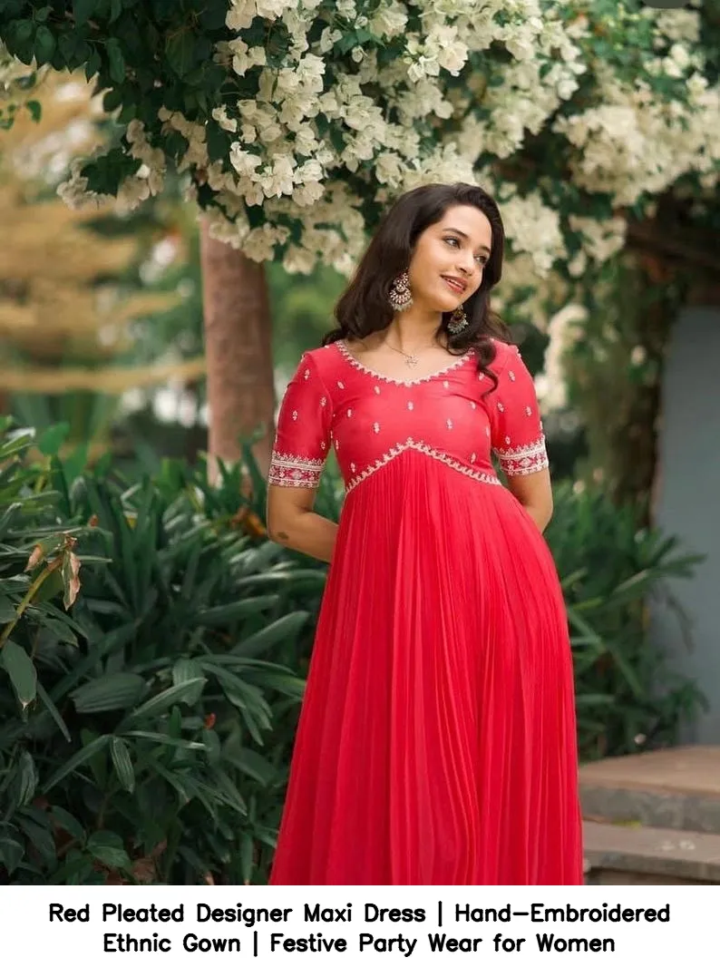 Red Pleated Designer Maxi Dress | Hand-Embroidered Ethnic Gown | Festive Party Wear for Women 4
