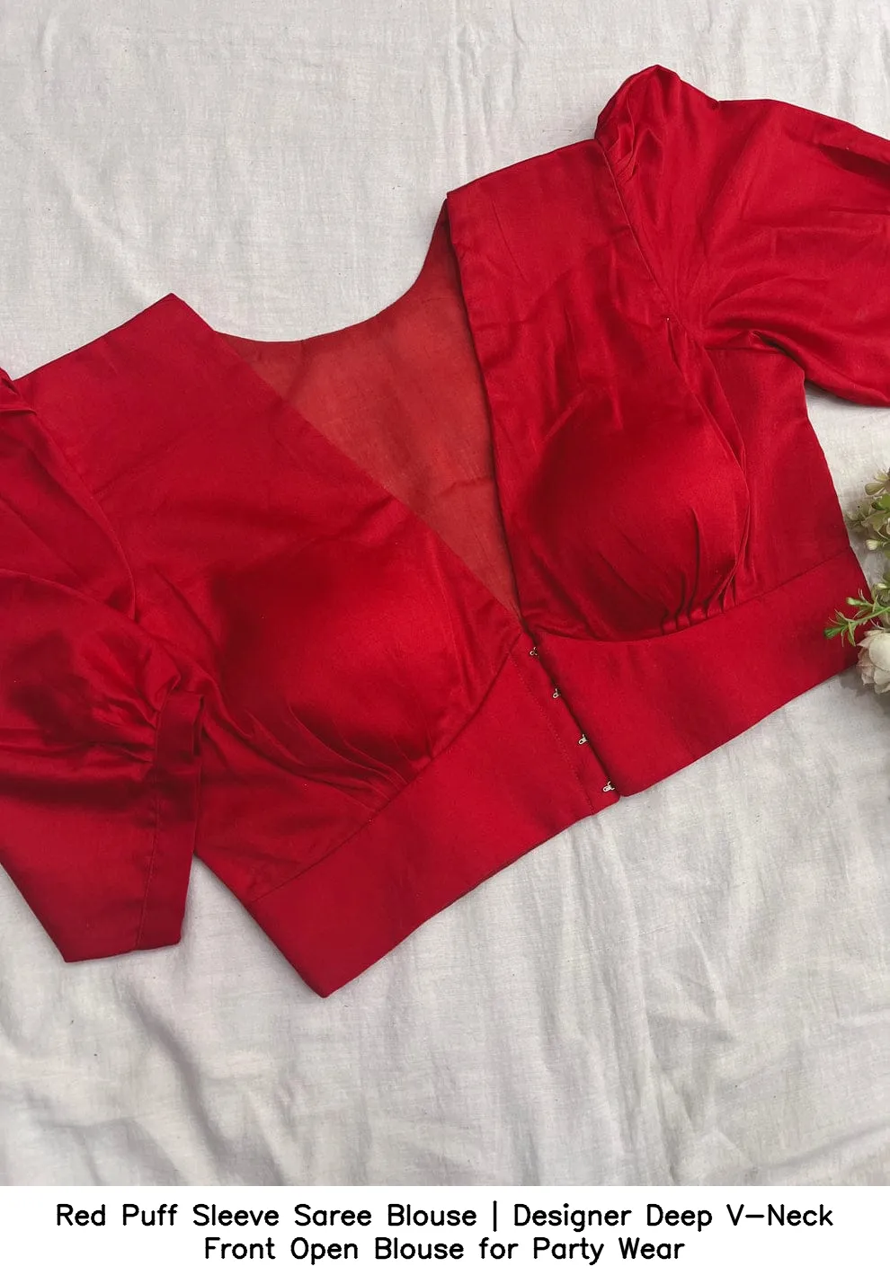 Red Puff Sleeve Saree Blouse | Designer Deep V-Neck Front Open Blouse for Party Wear
