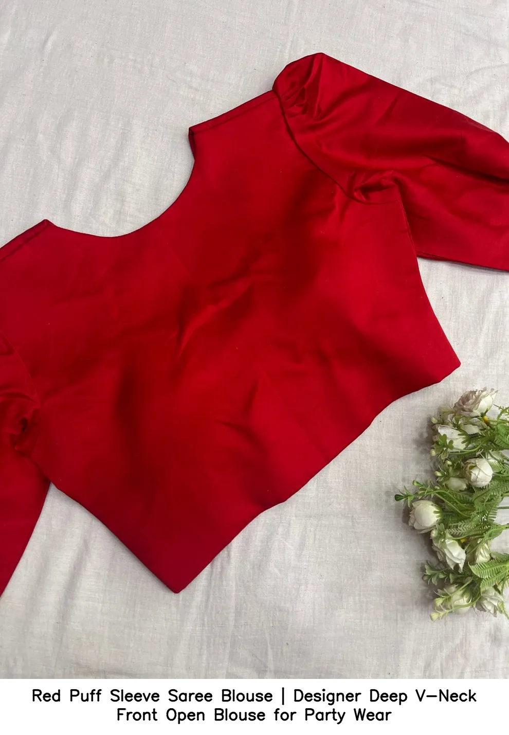 Red Puff Sleeve Saree Blouse | Designer Deep V-Neck Front Open Blouse for Party Wear 2