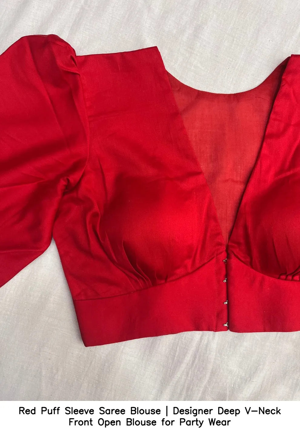 Red Puff Sleeve Saree Blouse | Designer Deep V-Neck Front Open Blouse for Party Wear 3