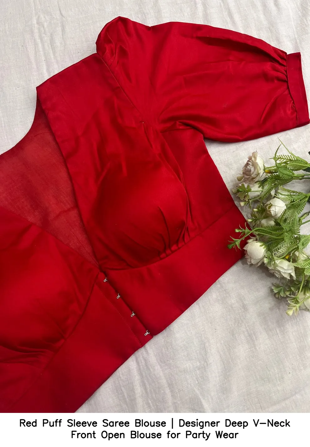 Red Puff Sleeve Saree Blouse | Designer Deep V-Neck Front Open Blouse for Party Wear 4