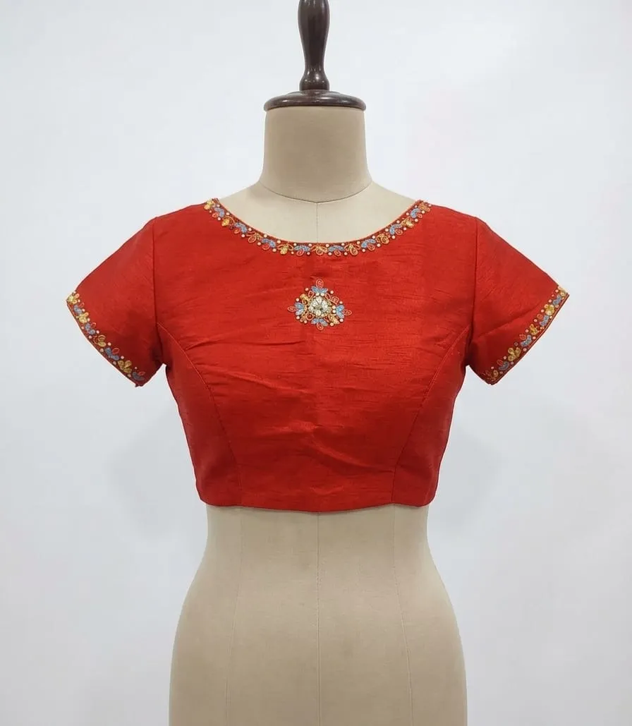 Red Raw Silk Embroidered Saree Blouse with Back Potli Buttons & Short Sleeves