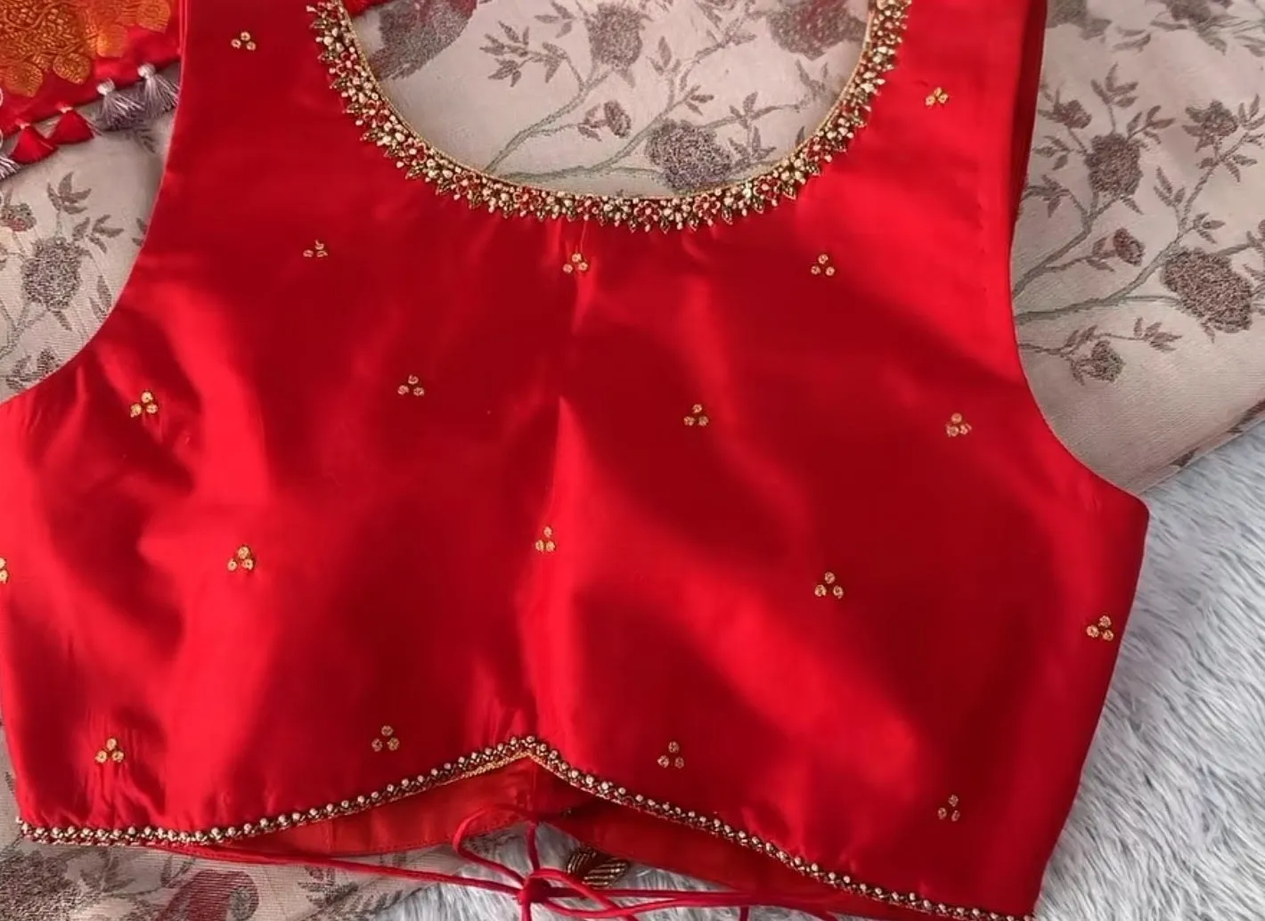 Red Silk Blouse | Elegant Hand-Embroidered Neckline Design