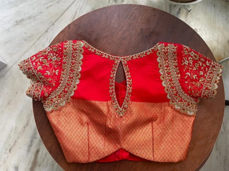 Red Silk Bridal Blouse | Hand-Embroidered Zardosi Work | Keyhole Neck Designer Ethnic Blouse