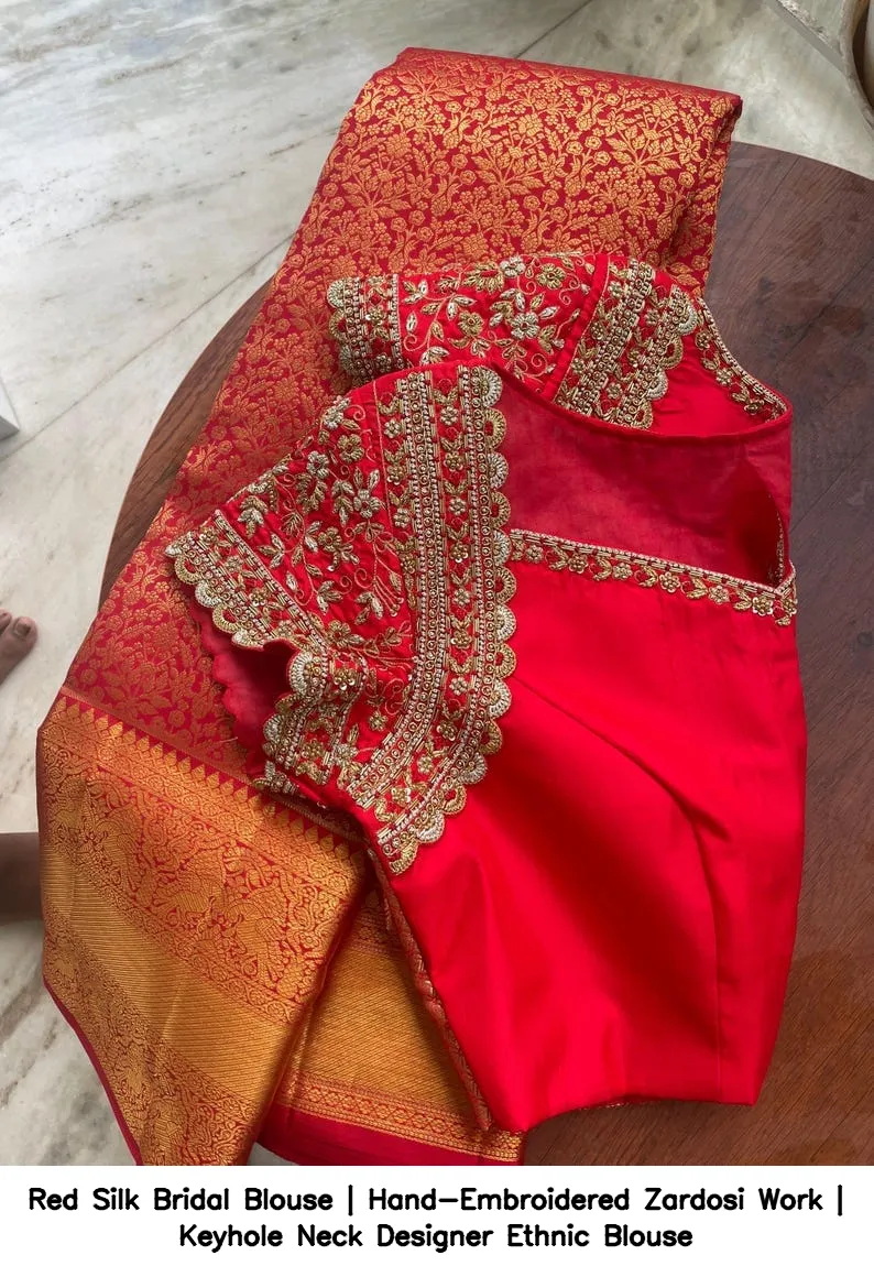Red Silk Bridal Blouse | Hand-Embroidered Zardosi Work | Keyhole Neck Designer Ethnic Blouse 2