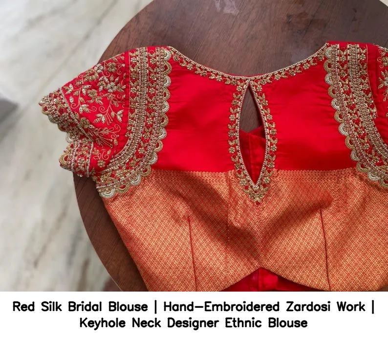 Red Silk Bridal Blouse | Hand-Embroidered Zardosi Work | Keyhole Neck Designer Ethnic Blouse 3