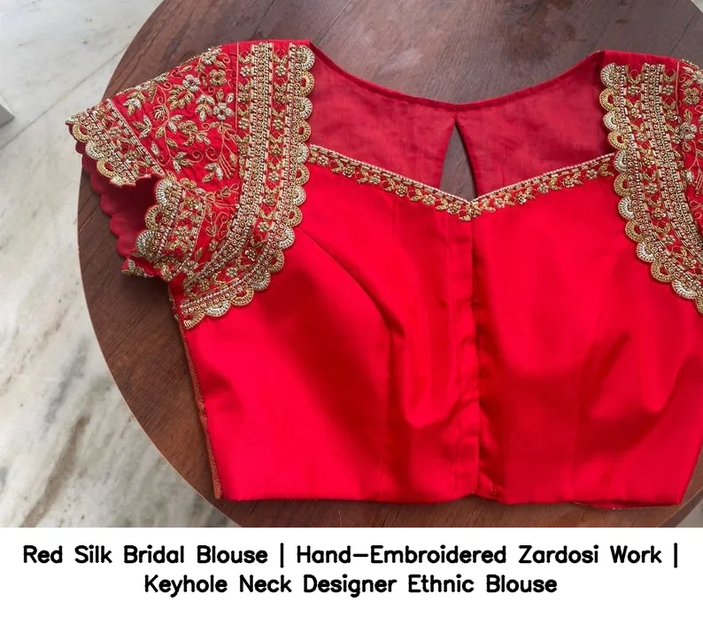 Red Silk Bridal Blouse | Hand-Embroidered Zardosi Work | Keyhole Neck Designer Ethnic Blouse 4