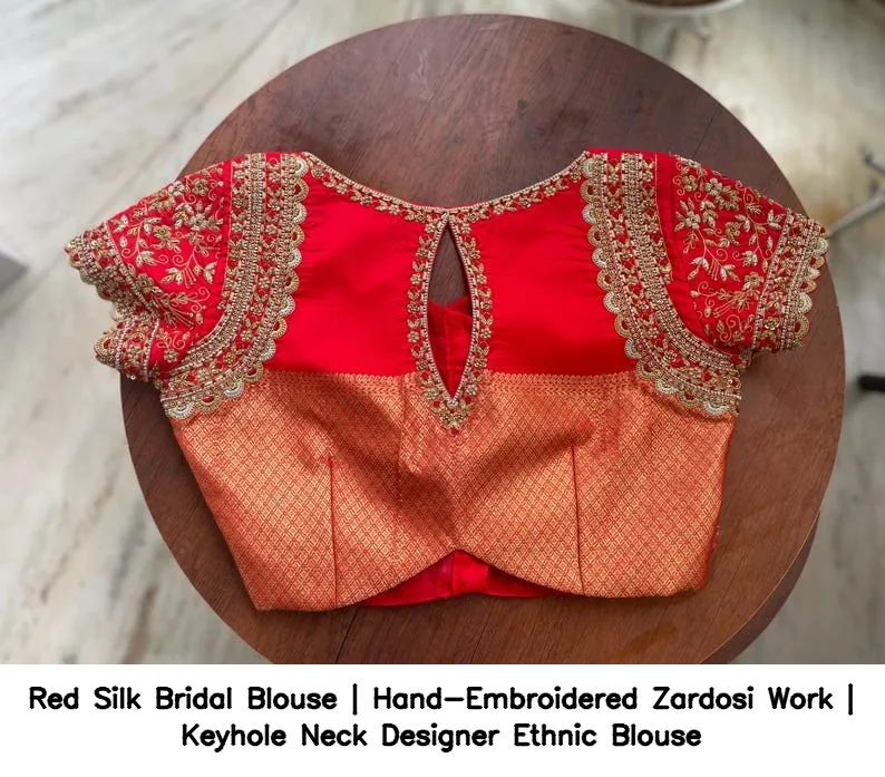 Red Silk Bridal Blouse | Hand-Embroidered Zardosi Work | Keyhole Neck Designer Ethnic Blouse 5