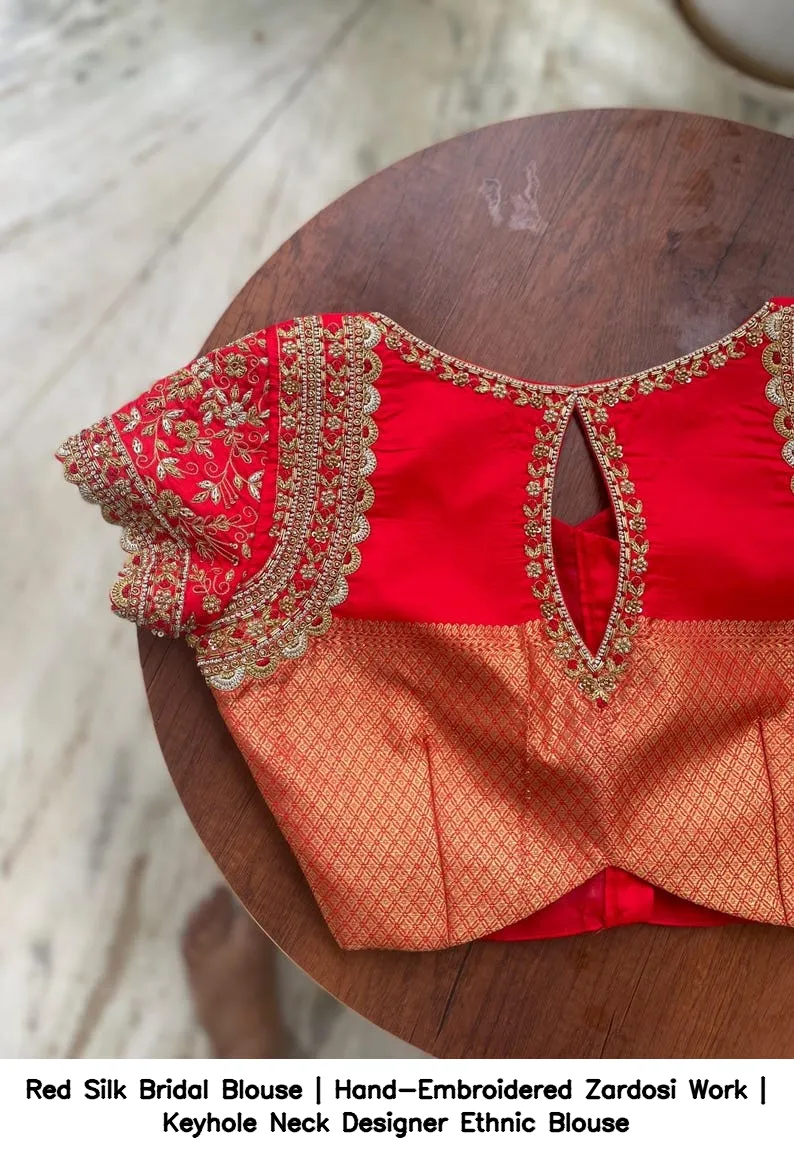 Red Silk Bridal Blouse | Hand-Embroidered Zardosi Work | Keyhole Neck Designer Ethnic Blouse 6