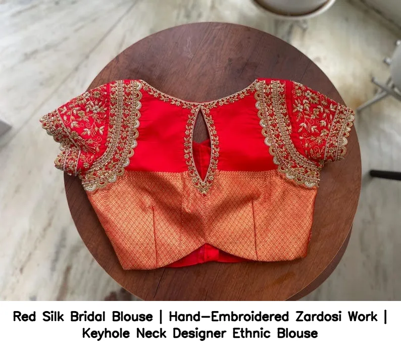 Red Silk Bridal Blouse | Hand-Embroidered Zardosi Work | Keyhole Neck Designer Ethnic Blouse 7