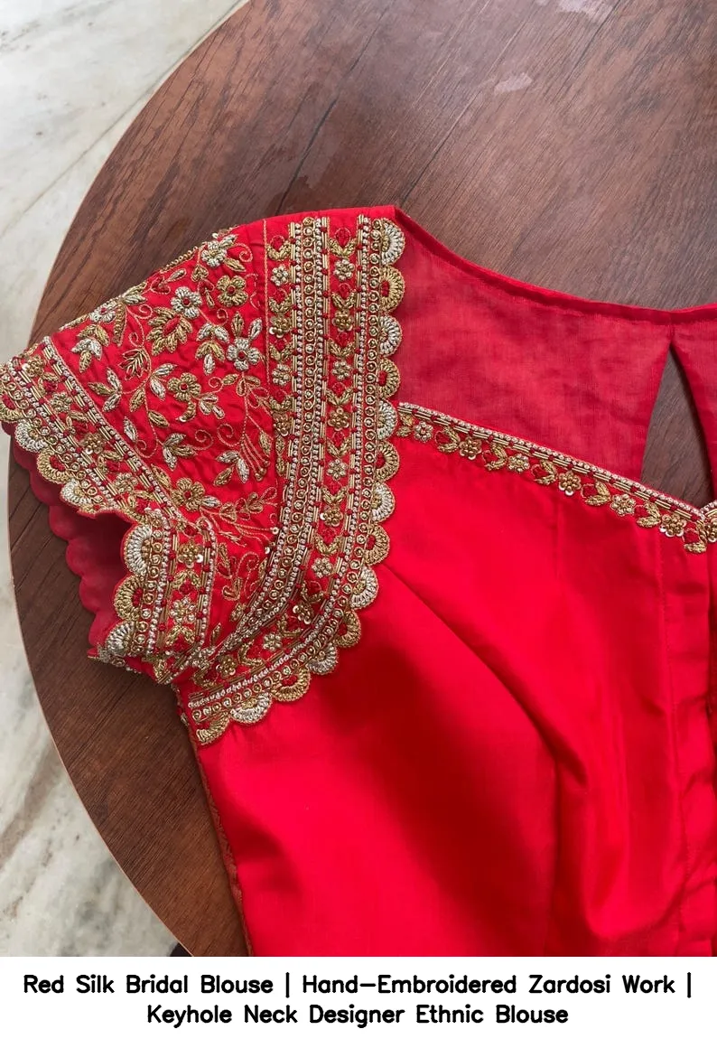 Red Silk Bridal Blouse | Hand-Embroidered Zardosi Work | Keyhole Neck Designer Ethnic Blouse 8