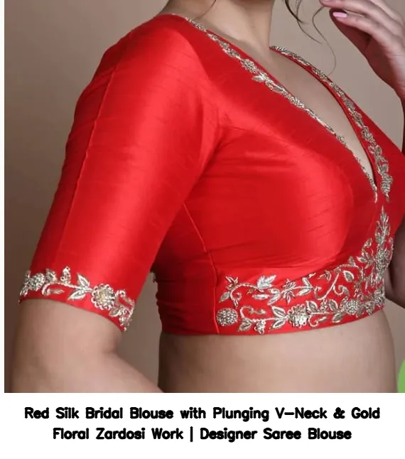 Red Silk Bridal Blouse with Plunging V-Neck & Gold Floral Zardosi Work | Designer Saree Blouse 2