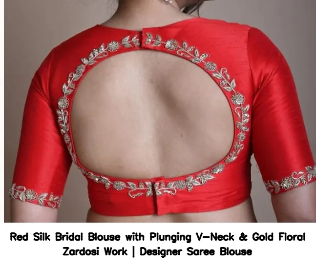 Red Silk Bridal Blouse with Plunging V-Neck & Gold Floral Zardosi Work | Designer Saree Blouse 3