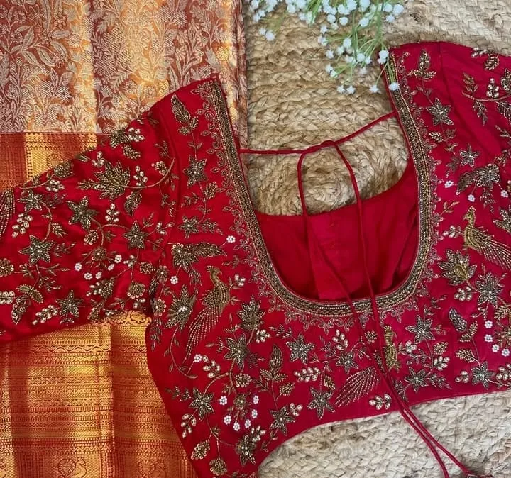 Red Silk Bridal Peacock Maggam Work Blouse - Gold Zardosi & Pearl Embroidered Saree Blouse with Dori Back 1