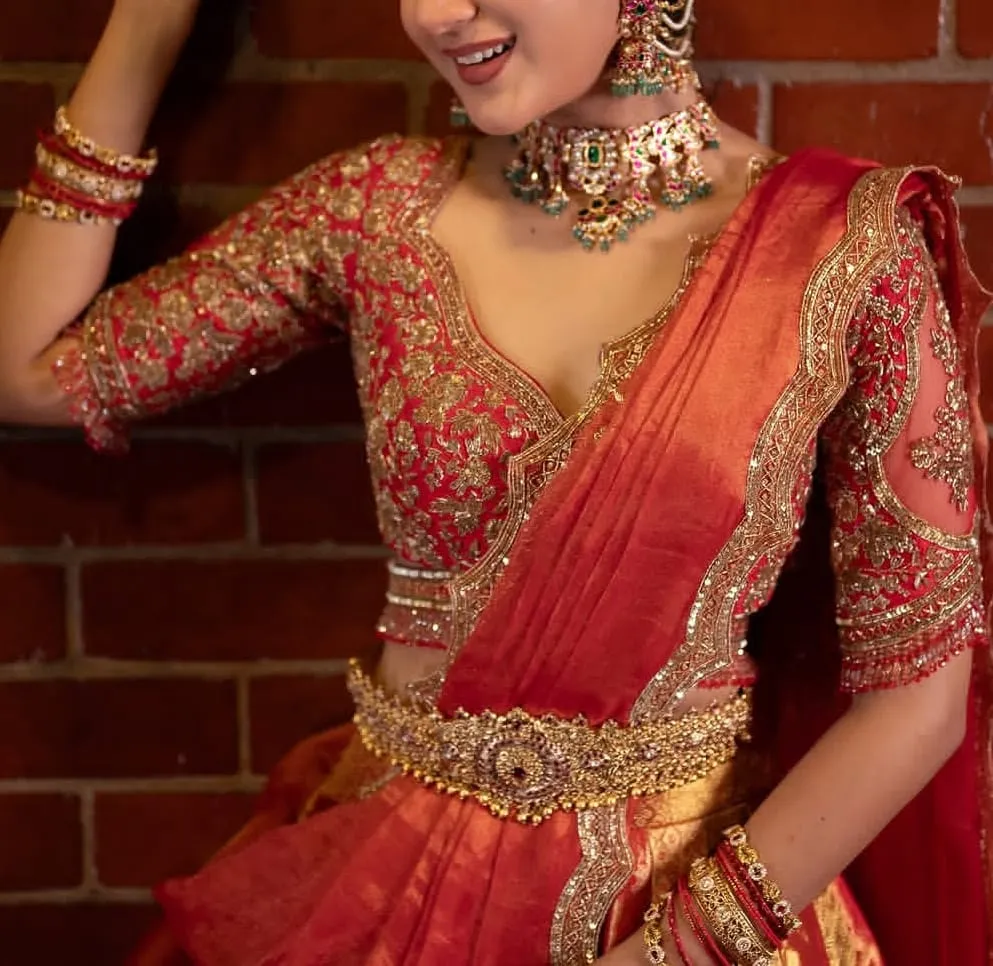Red Silk Bridal Saree Blouse – Sheer Sleeve Floral Cutout Heavy Zardosi Choli