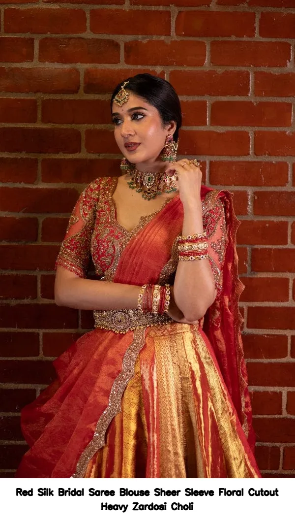Red Silk Bridal Saree Blouse – Sheer Sleeve Floral Cutout Heavy Zardosi Choli 3