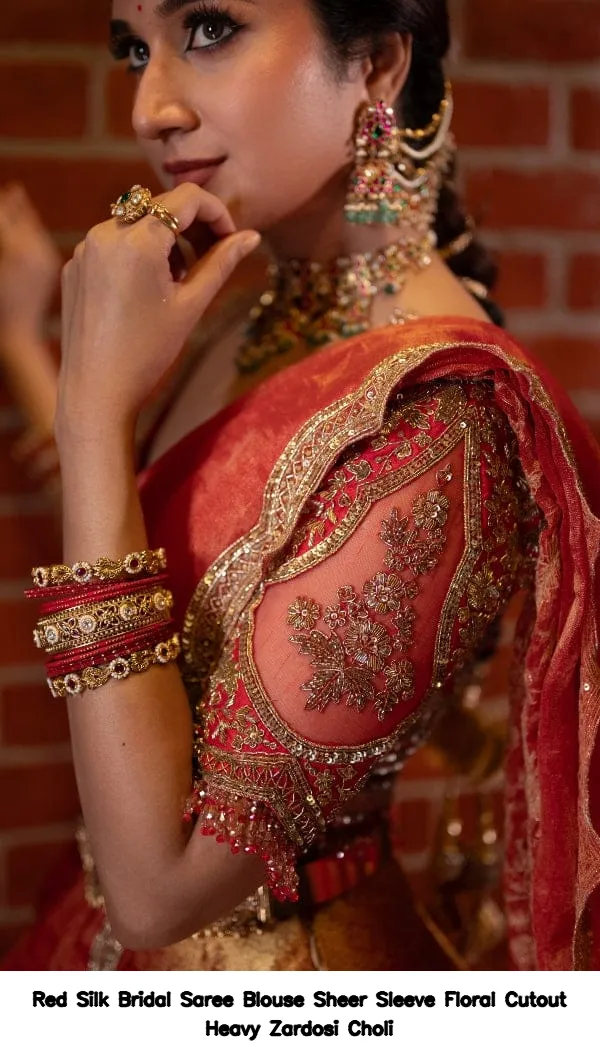 Red Silk Bridal Saree Blouse – Sheer Sleeve Floral Cutout Heavy Zardosi Choli 4