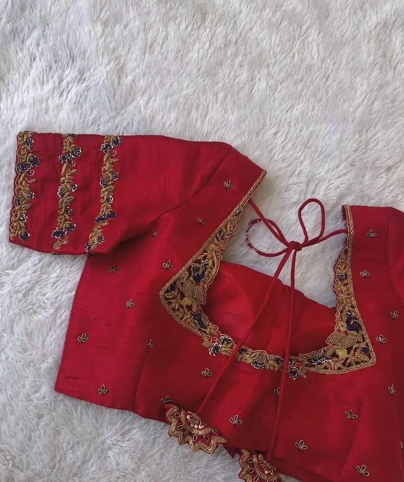 Red Silk Bridal Saree Blouse with Zardozi Peacock Neckline | Designer Fan Latkan Readymade Blouse