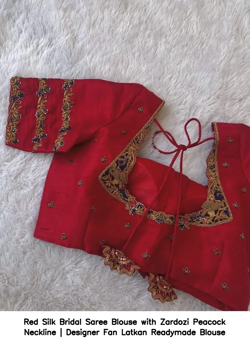 Red Silk Bridal Saree Blouse with Zardozi Peacock Neckline | Designer Fan Latkan Readymade Blouse 2