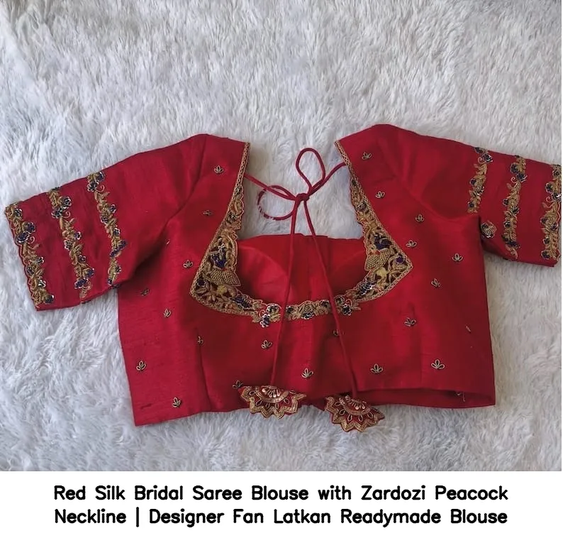 Red Silk Bridal Saree Blouse with Zardozi Peacock Neckline | Designer Fan Latkan Readymade Blouse 4