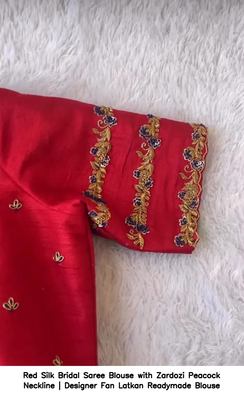Red Silk Bridal Saree Blouse with Zardozi Peacock Neckline | Designer Fan Latkan Readymade Blouse 5