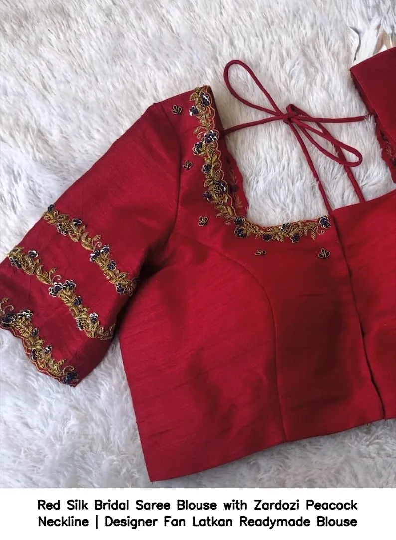 Red Silk Bridal Saree Blouse with Zardozi Peacock Neckline | Designer Fan Latkan Readymade Blouse 6