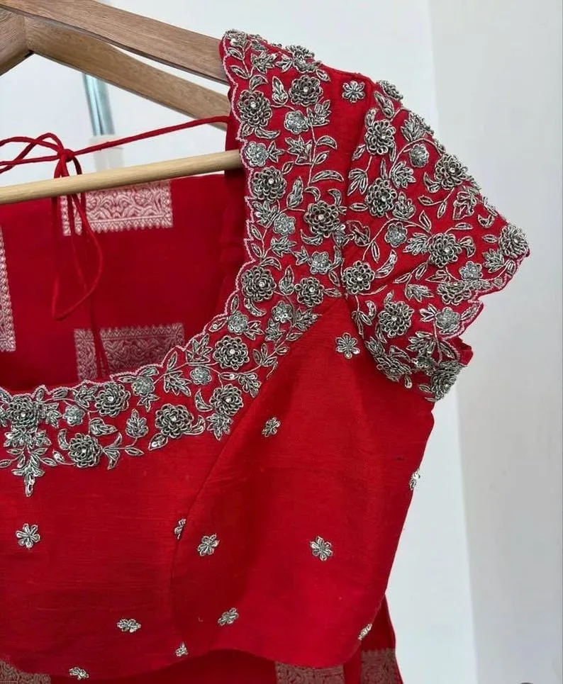 Red Silk Designer Blouse | Heavy Hand-Embroidered Silver Zardosi Work | Elegant Bridal & Festive Ethnic Wear