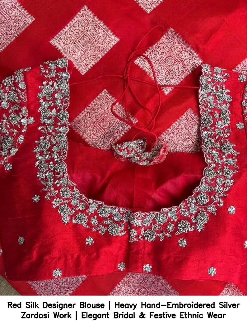 Red Silk Designer Blouse | Heavy Hand-Embroidered Silver Zardosi Work | Elegant Bridal & Festive Ethnic Wear 2