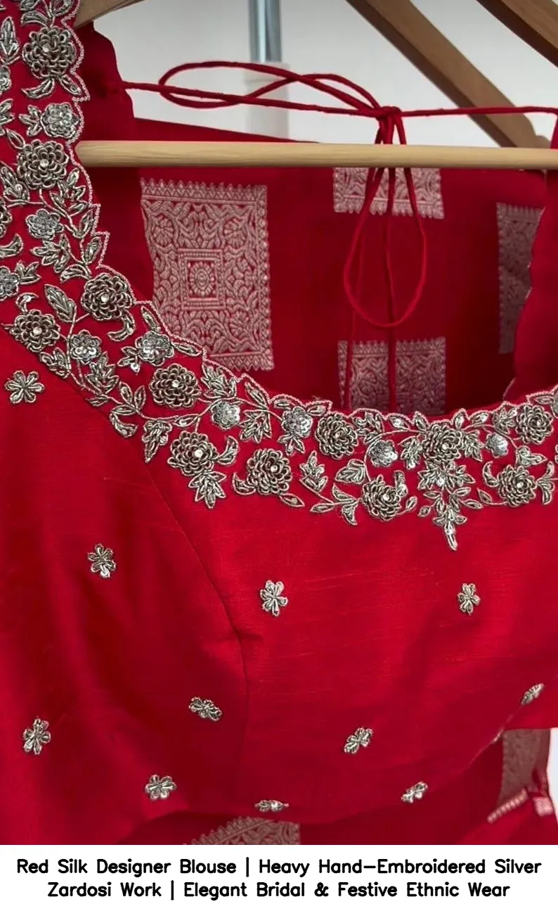 Red Silk Designer Blouse | Heavy Hand-Embroidered Silver Zardosi Work | Elegant Bridal & Festive Ethnic Wear 4