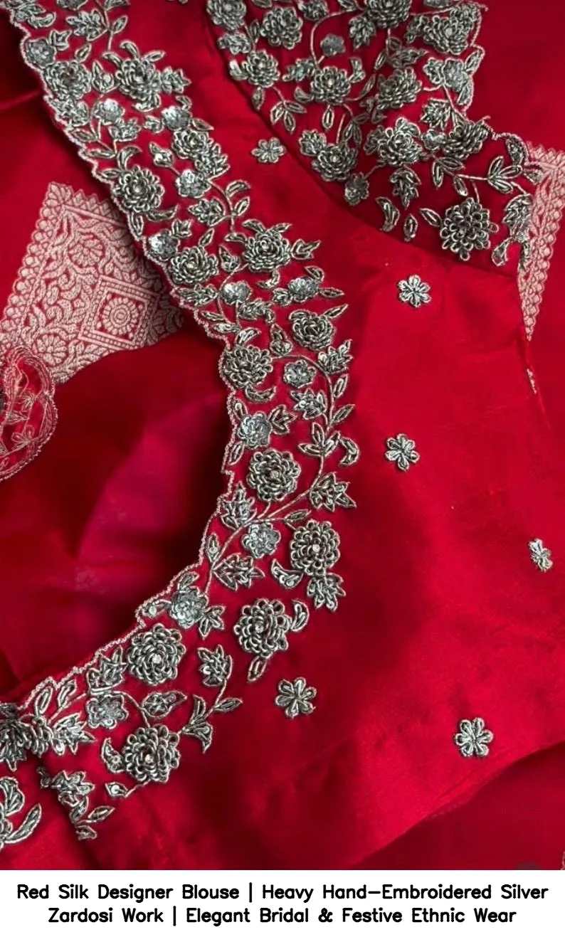 Red Silk Designer Blouse | Heavy Hand-Embroidered Silver Zardosi Work | Elegant Bridal & Festive Ethnic Wear 5