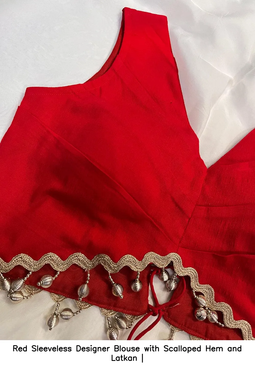 Red Sleeveless Designer Blouse with Scalloped Hem and Latkan | 2