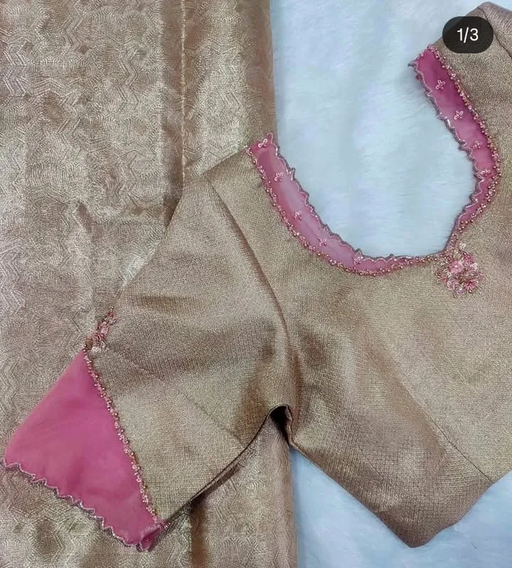 Rose Gold & Pink Hand-Embroidered Readymade Saree Blouse | Scalloped Organza Neck & Sleeves