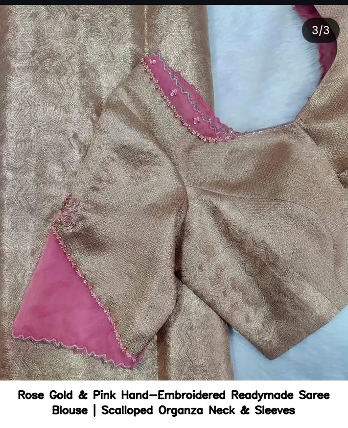 Rose Gold & Pink Hand-Embroidered Readymade Saree Blouse | Scalloped Organza Neck & Sleeves 2