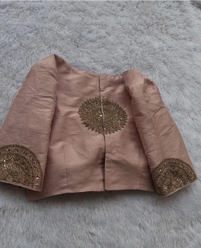 Rose Gold Tussar Silk Saree Blouse with Zardozi Back Mandala | Elegant Reception Ready Made Blouse