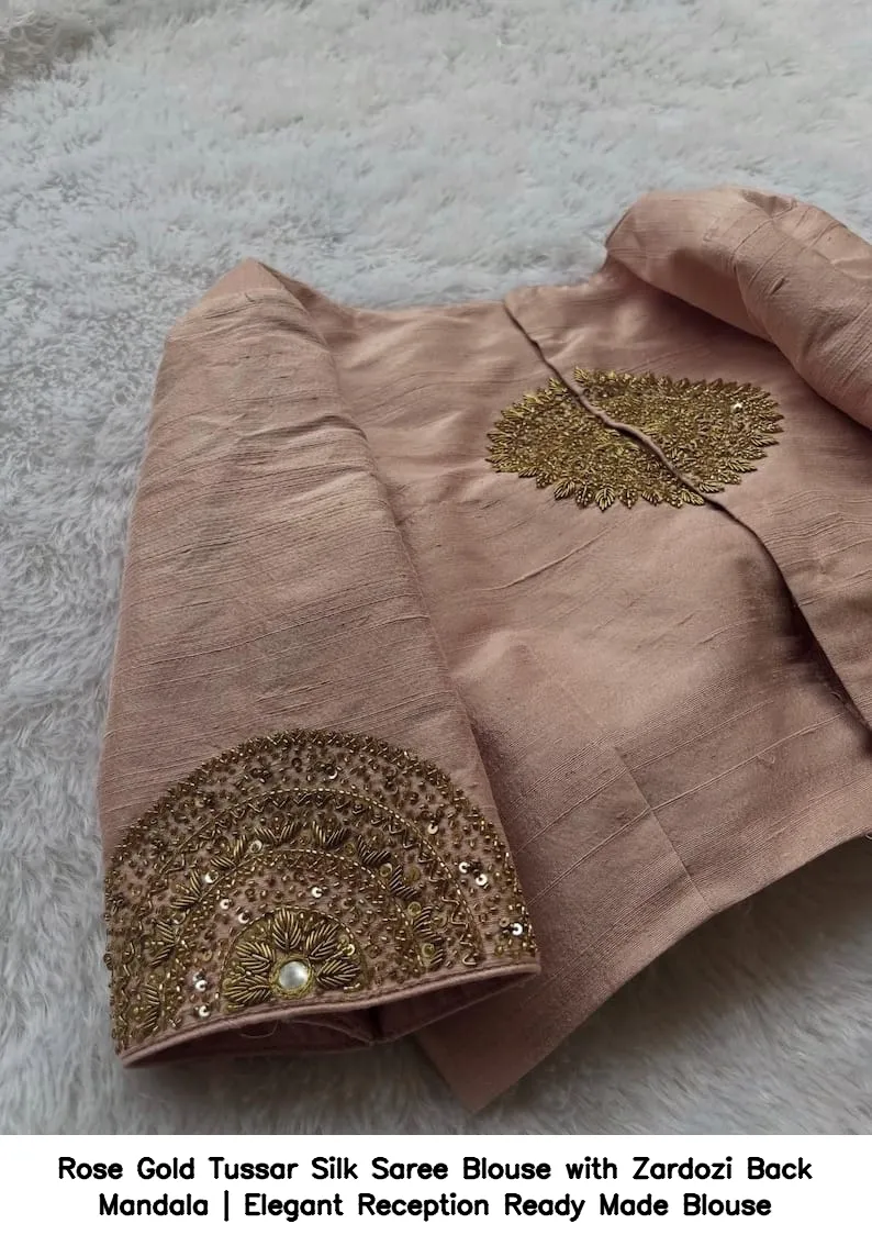 Rose Gold Tussar Silk Saree Blouse with Zardozi Back Mandala | Elegant Reception Ready Made Blouse 5