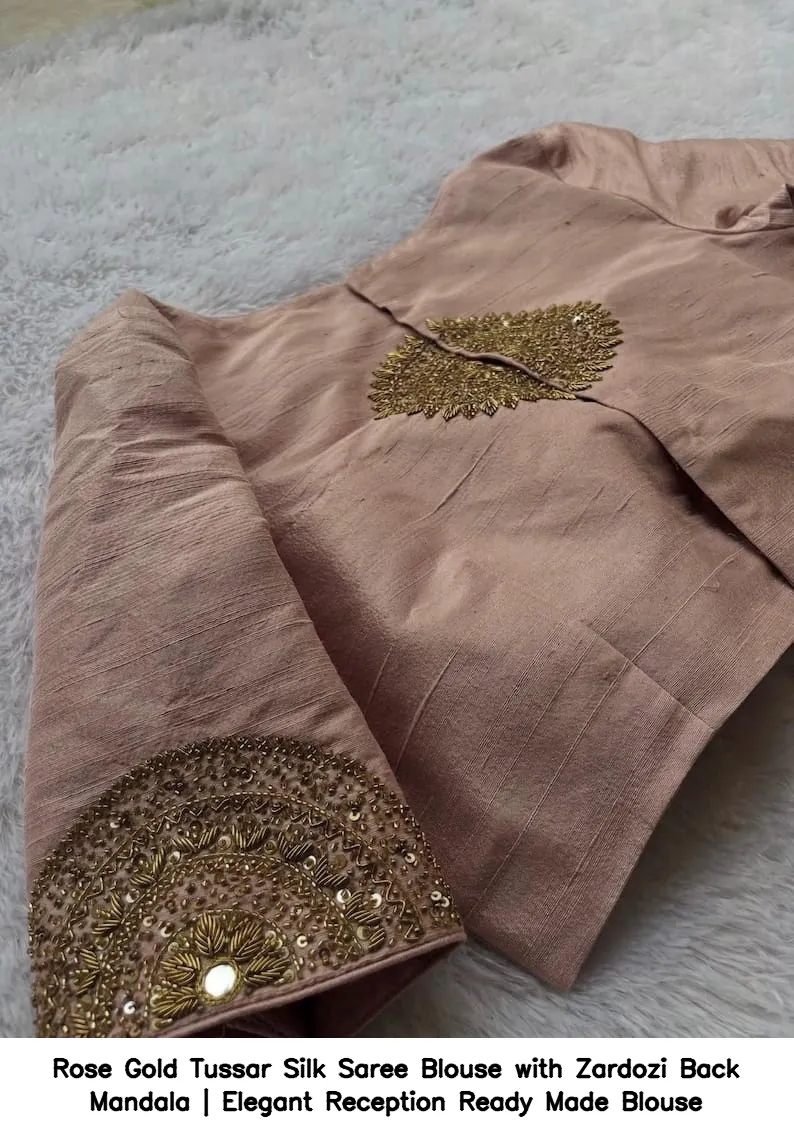 Rose Gold Tussar Silk Saree Blouse with Zardozi Back Mandala | Elegant Reception Ready Made Blouse 6