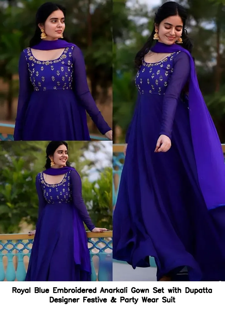 Royal Blue Embroidered Anarkali Gown Set with Dupatta – Designer Festive & Party Wear Suit 2