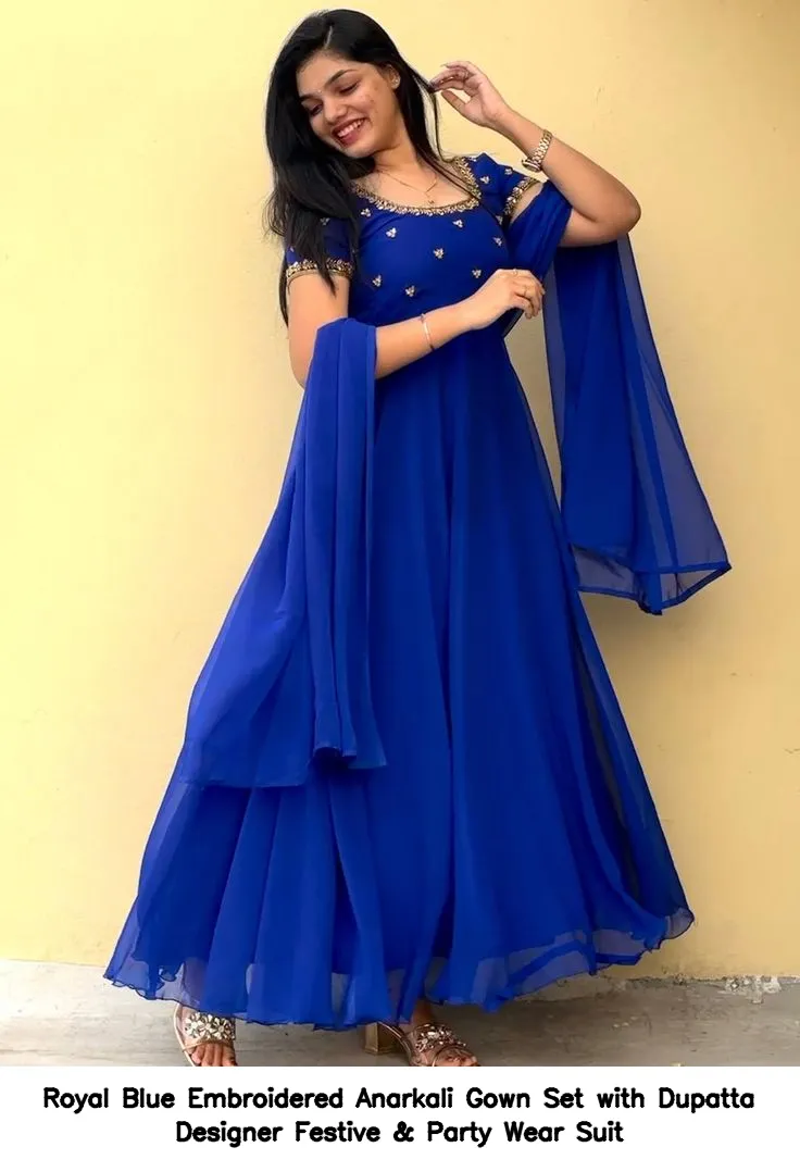 Royal Blue Embroidered Anarkali Gown Set with Dupatta – Designer Festive & Party Wear Suit 3