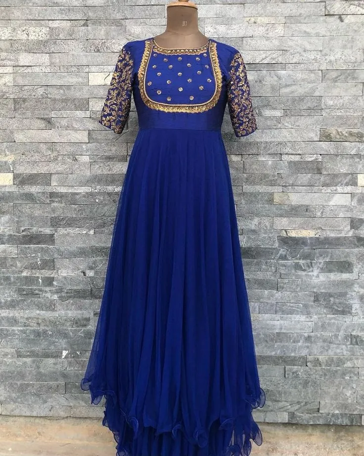 Royal Blue Georgette Anarkali Gown with Heavy Gold Sleeve Embroidery – Designer Partywear Long Frock