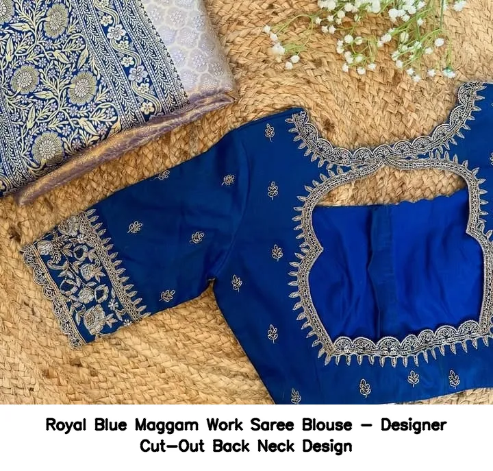 Royal Blue Maggam Work Saree Blouse - Designer Cut-Out Back Neck Design 2