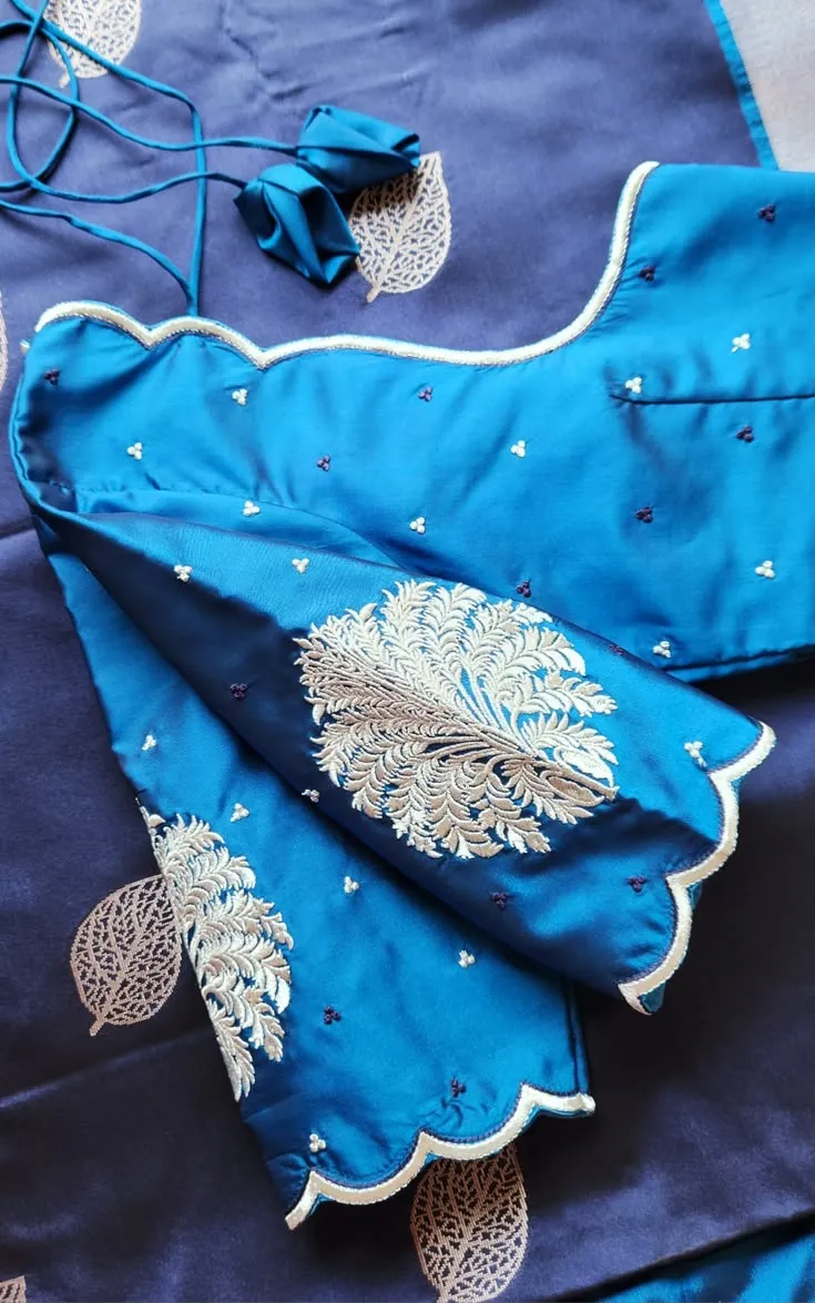 Royal Blue Peacock Silk Saree Blouse with Scallop Border & Tree Motif Hand Embroidery | Custom Designer Readymade Blouse