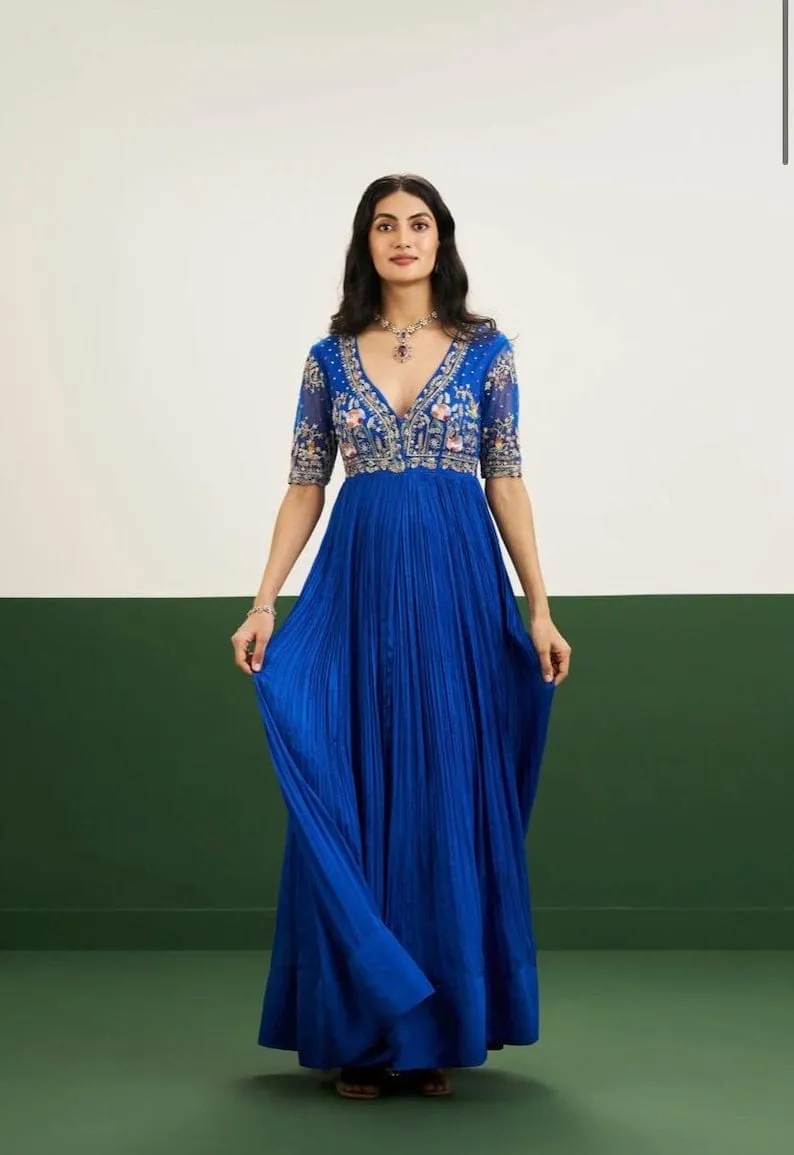 Royal Blue Pleated Anarkali Gown | Embroidered V-Neck Floral Bodice Long Frock | Designer Indo-Western Wedding Party Wear Dress 1