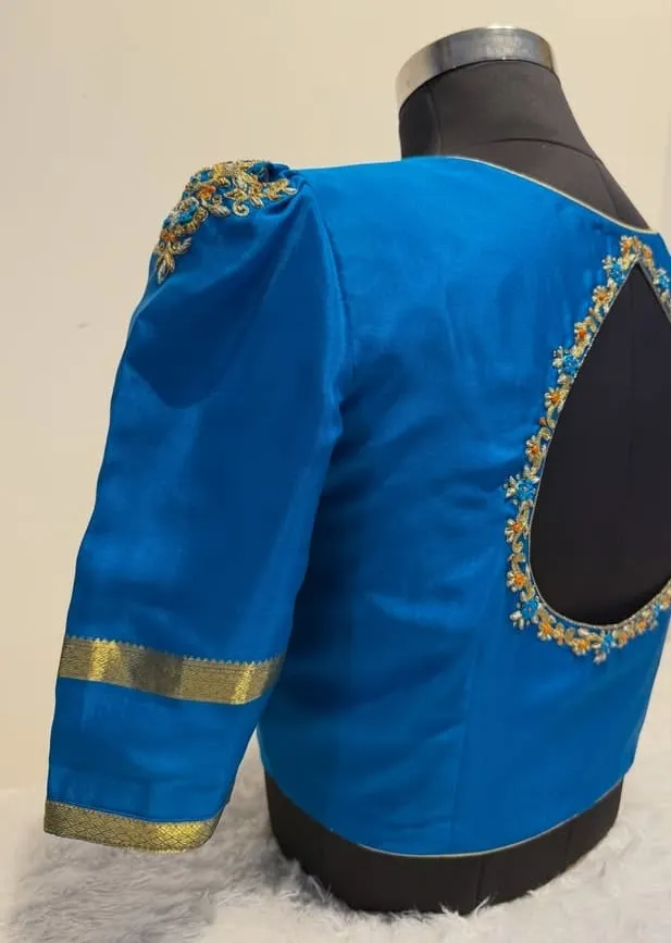 Royal Blue Puff Sleeve Blouse with Zari Gold Embroidery Backless Design for Saree