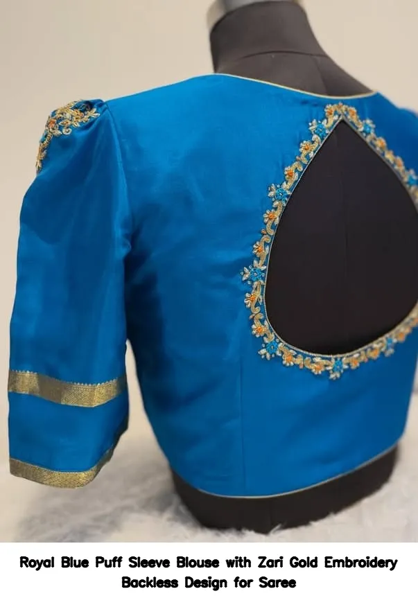 Royal Blue Puff Sleeve Blouse with Zari Gold Embroidery Backless Design for Saree 2