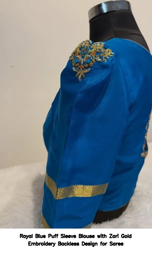 Royal Blue Puff Sleeve Blouse with Zari Gold Embroidery Backless Design for Saree 3