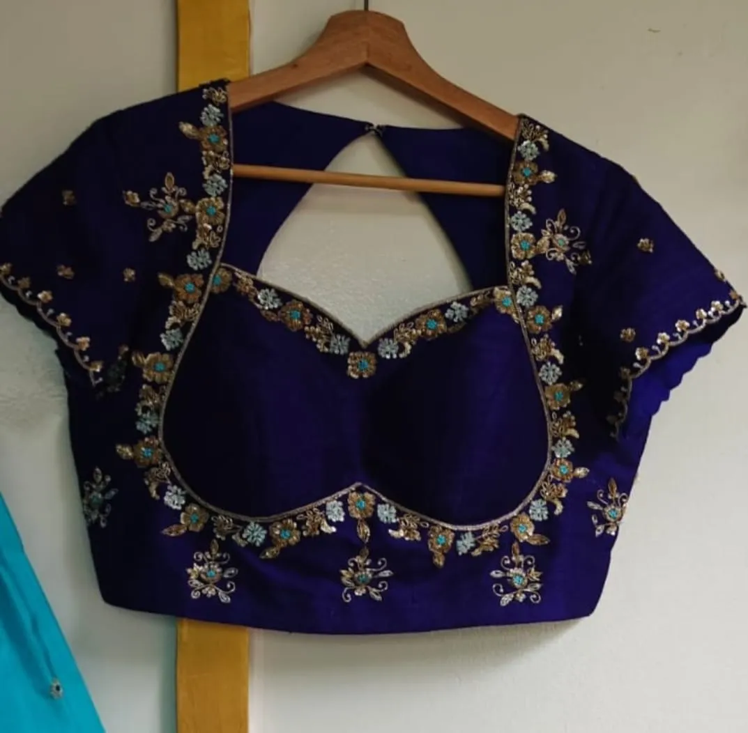Royal Blue Raw Silk Blouse – Floral Hand Embroidered Keyhole Neck Saree Blouse 1