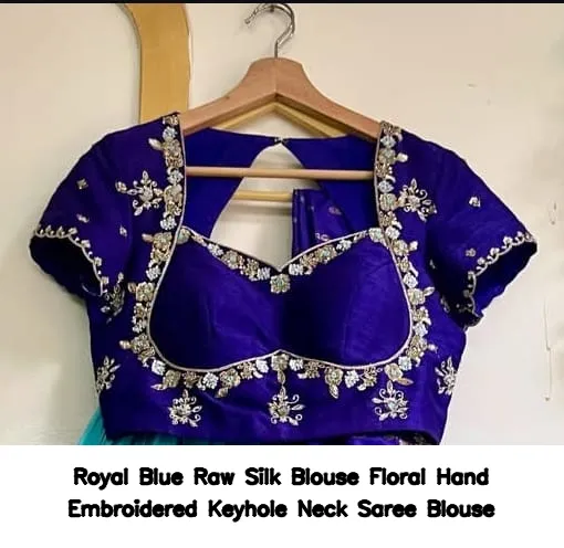 Royal Blue Raw Silk Blouse – Floral Hand Embroidered Keyhole Neck Saree Blouse 2