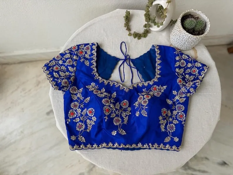 Royal Blue Raw Silk Blouse with All-Over Floral Vines & Dori Back | Custom Padded Saree Blouse