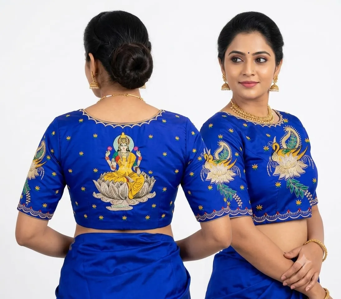 Royal Blue Raw Silk Computer Work Blouse with Goddess Lakshmi Motif & Scallop Neckline
