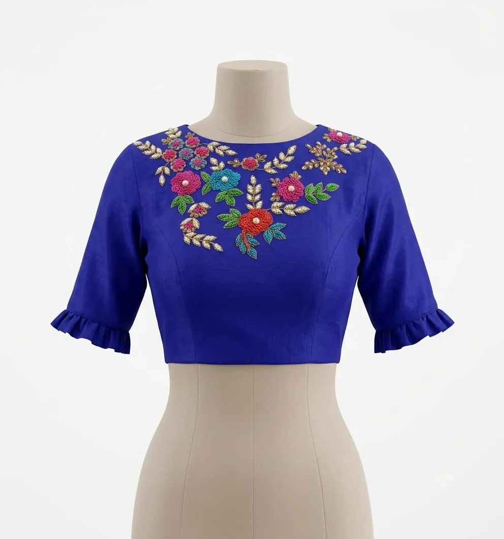 Royal Blue Raw Silk Floral Embroidered Blouse with Ruffle Sleeves & Back Potli Buttons